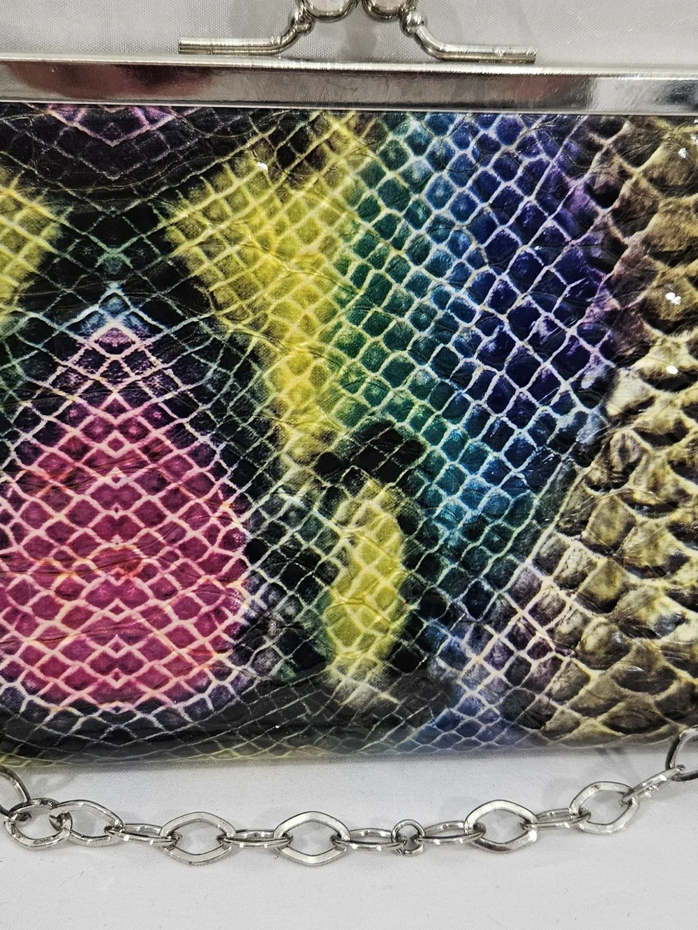 Multicolor Snake-Print Chain Frame Clutch #295